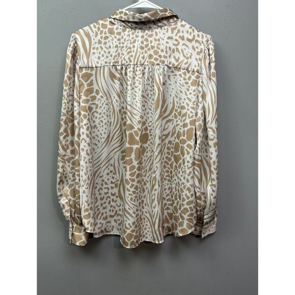 Ann Taylor Shirt Womens Large Beige White Animal Print Button Up Long Sleeve Top - Picture 2 of 7